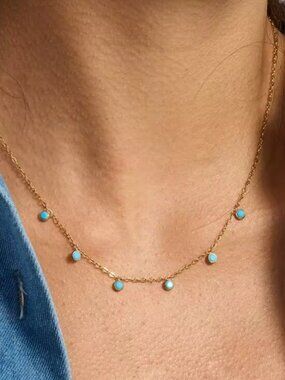 Turquoise Drops Necklace Gold Bezel Necklace WATERPROOF Gold Chain Station